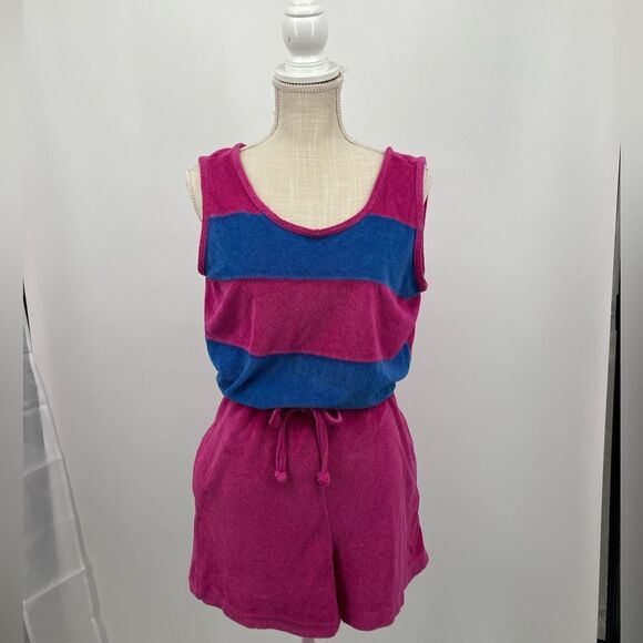 Vintage Pink Blue Striped Terrycloth Sleeveless Romper | size large - Picture 1 of 5